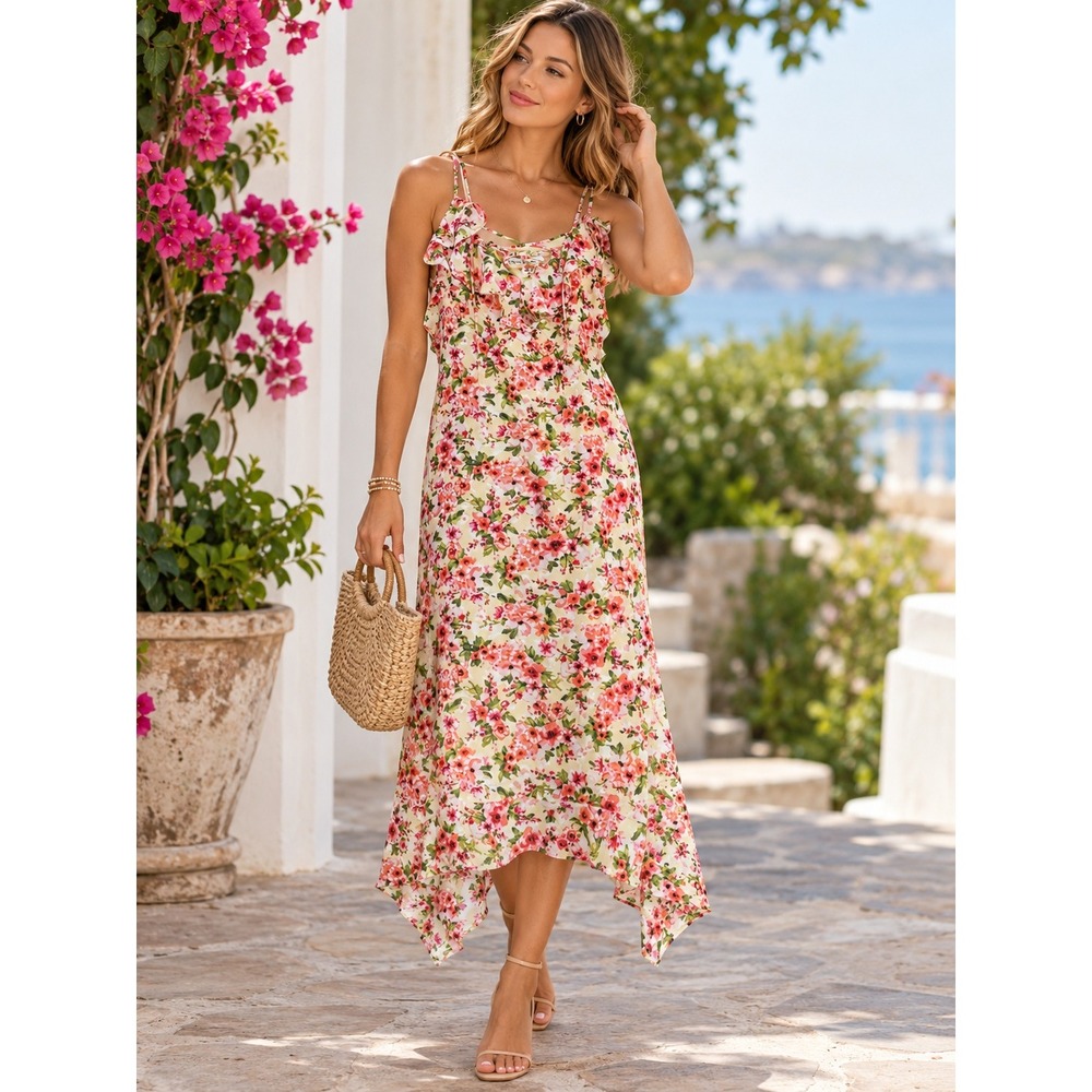 Emma & Michele Floral Handkerchief Hem Midi Dress Yellow Pink Ruffle Large